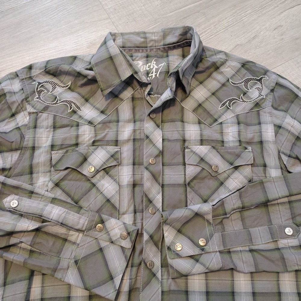 Wrangler Rock 47 Western Shirt Snap Front Long Sleeve Gray / Green Plaid Medium